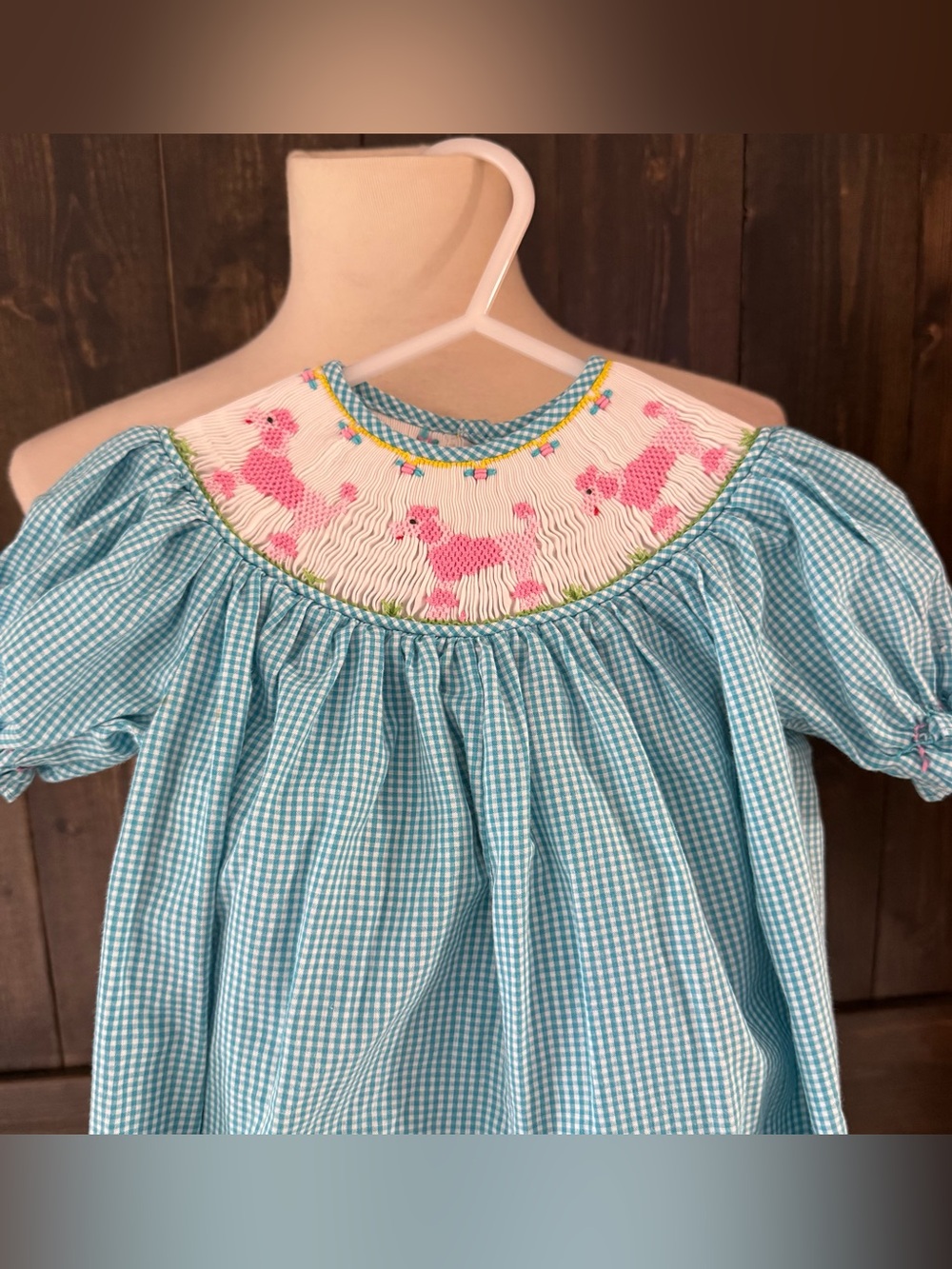 Girls Remember Nguyen Poodle Smocked Romper Blue Gingham 18 Months